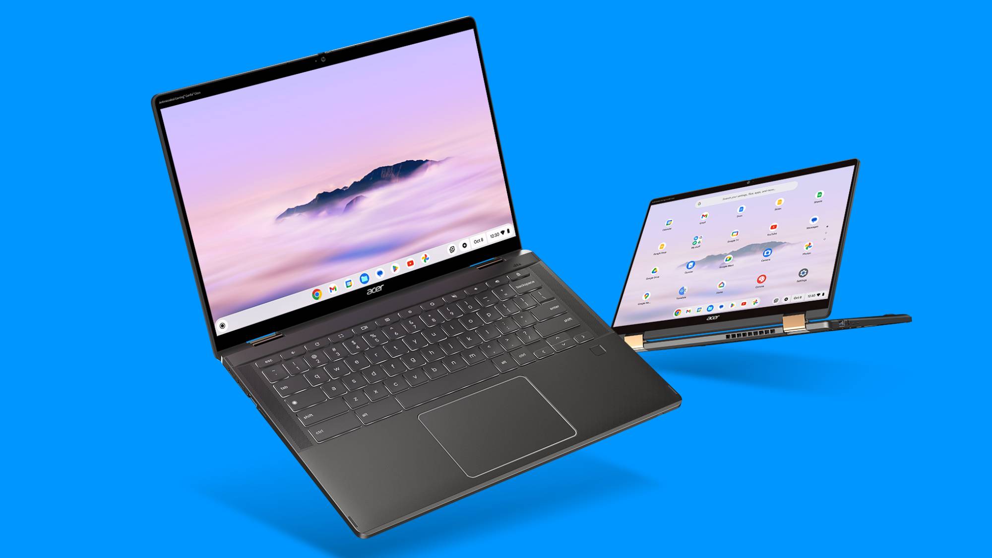 Open Acer Chromebook Spin 714 laptop on a blue background.