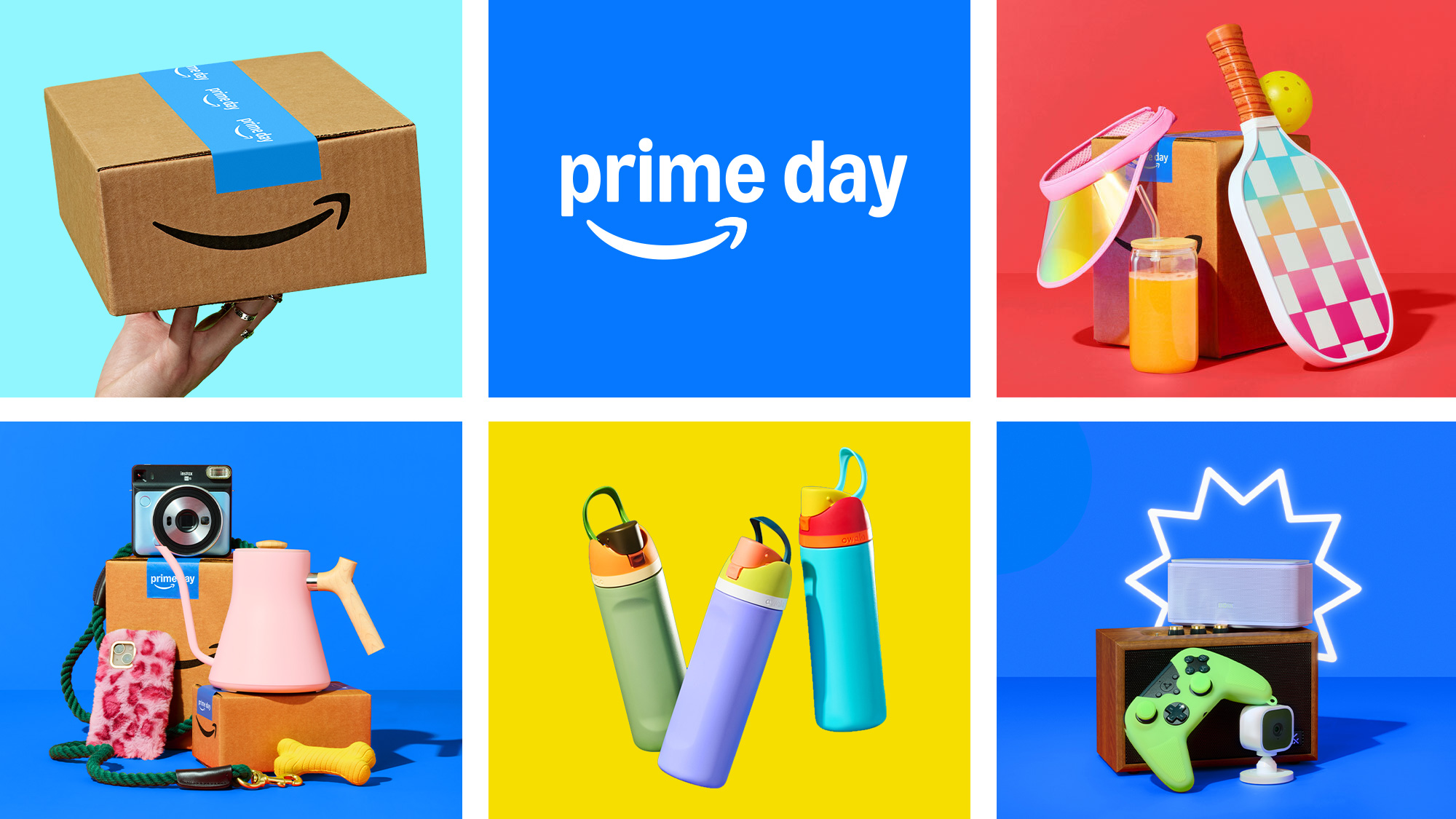 Amazon Prime Day promotional collage featuring shopping, gifts, home items, and electronics in a colorful six-panel layout