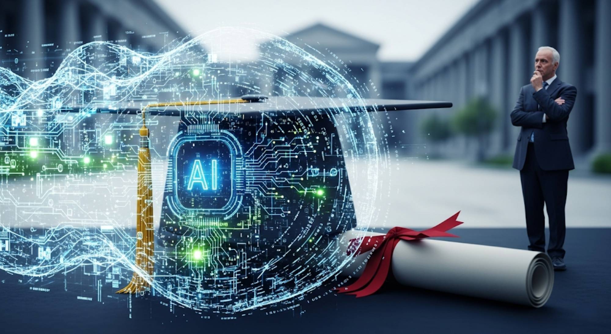 Man in suit thoughtfully observing a glowing graduation cap with "AI" circuitry design, surrounded by digital particle effects and a diploma on steps of neoclassical architecture