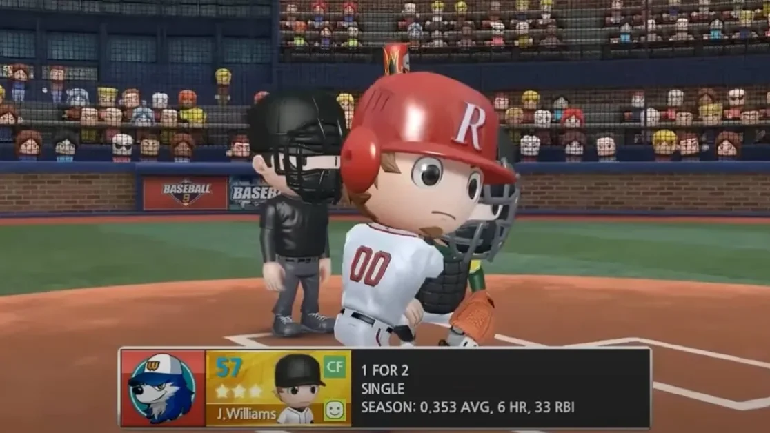 Baseball 9 gameplay screen shot of a player up at bat.