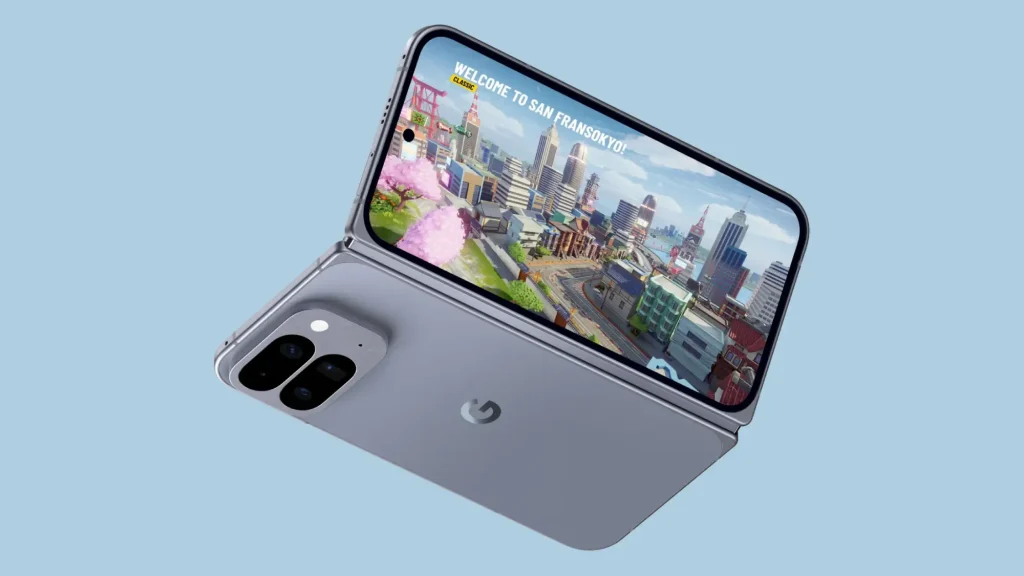 Open Pixel 10 Pro Fold in moonstone color option on a blue background