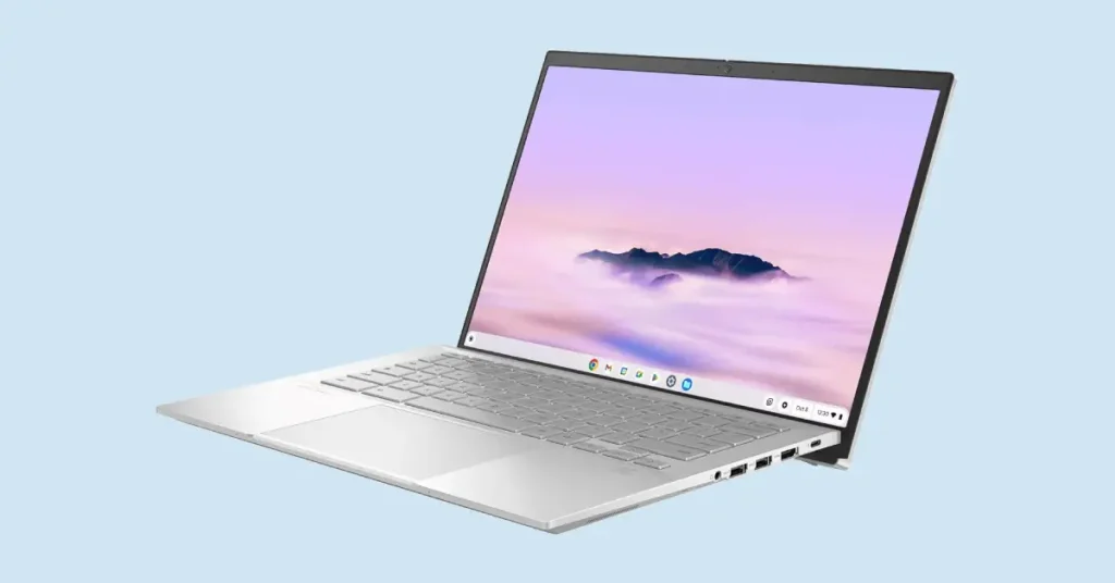 ASUS ExpertBook CX54 Chromebook Plus white laptop on blue background, 14" touchscreen with Chrome OS shelf and purple misty mountain wallpaper