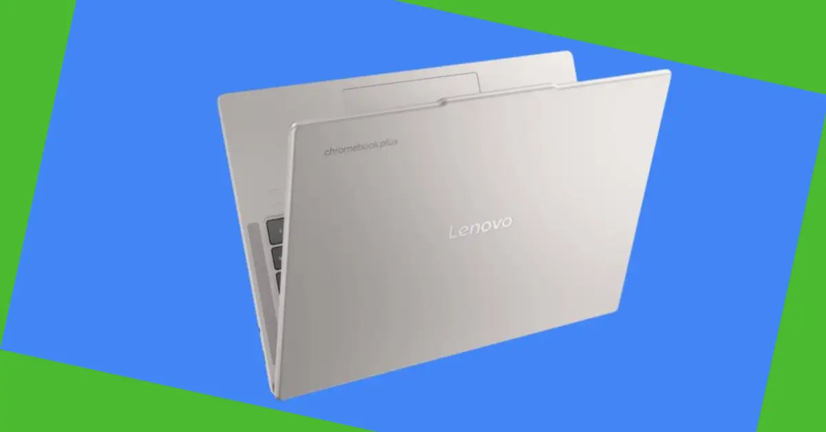 A silver Lenovo Chromebook Plus laptop partially open against a blue and green background