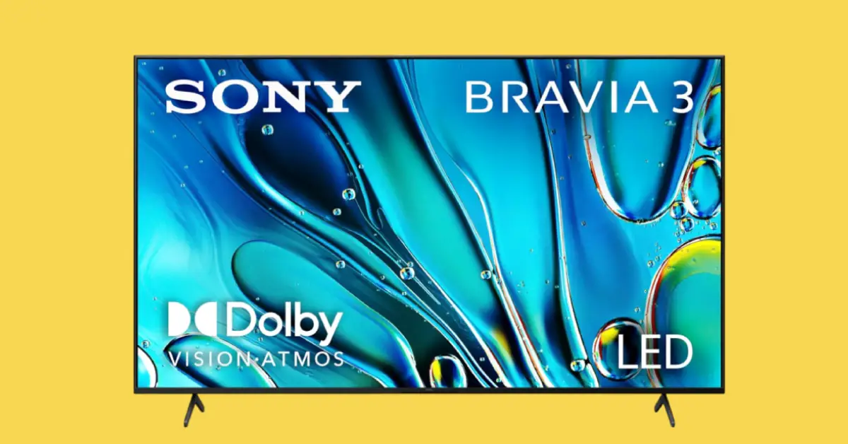 Sony Bravia 3 LED TV product image on yellow background with blue abstract fluid design, Dolby Vision Atmos branding, and stand visible.