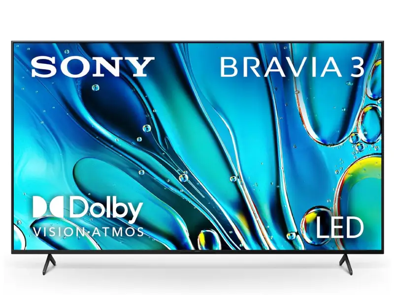 "85-inch Sony Bravia 3 4K LED Google TV with Dolby Vision and Dolby Atmos on Super Bowl $899 deal display, blue abstract background.