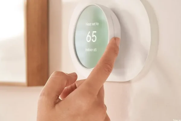 A person adjusts a Google Nest Thermostat showing the heat set to 65 degrees