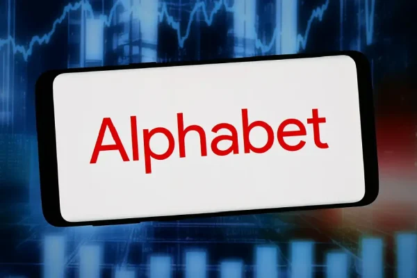 Alphabet stock graphic with a market chart background