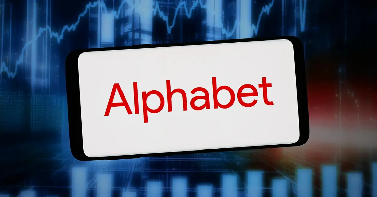 Alphabet stock graphic with a market chart background