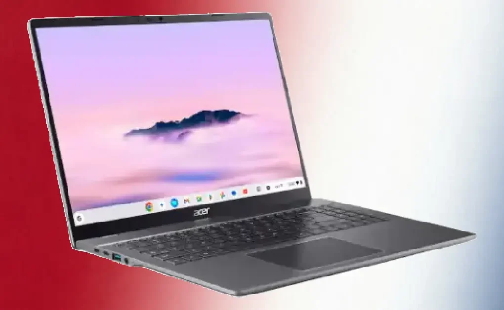 Acer Chromebook laptop with a thin silver design, open display showing a minimalist ChromeOS desktop, set against a red and white background