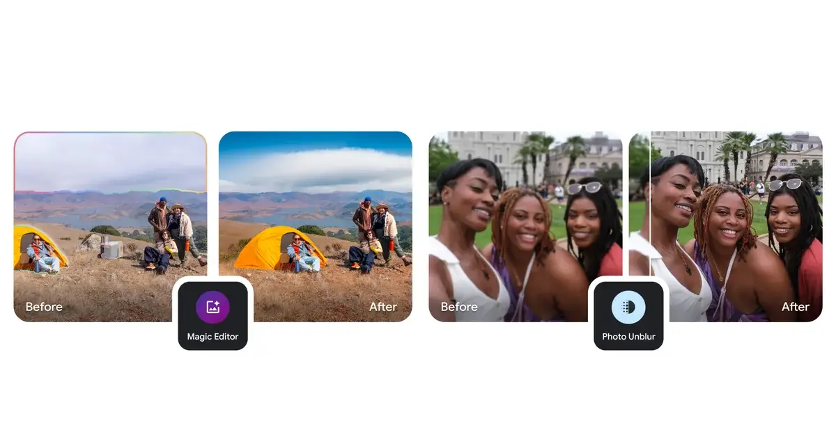A comparison of Google Photos editing features showing two sets of before-and-after photos: on the left, Magic Editor enhances color and composition of a camping scene; on the right, Photo Unblur sharpens a group photo taken outdoors