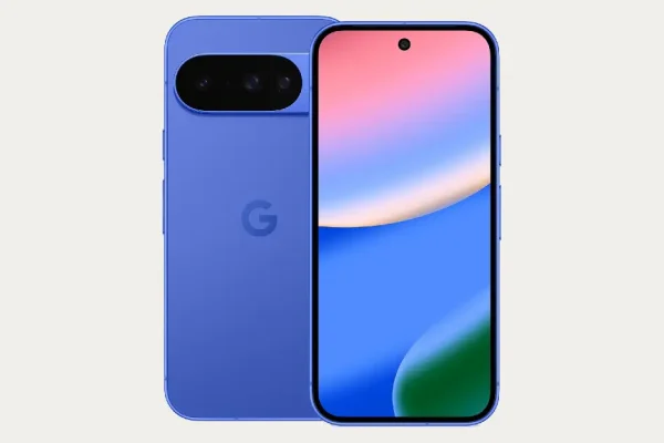 Google Pixel 10 shown front and back in blue on a white background