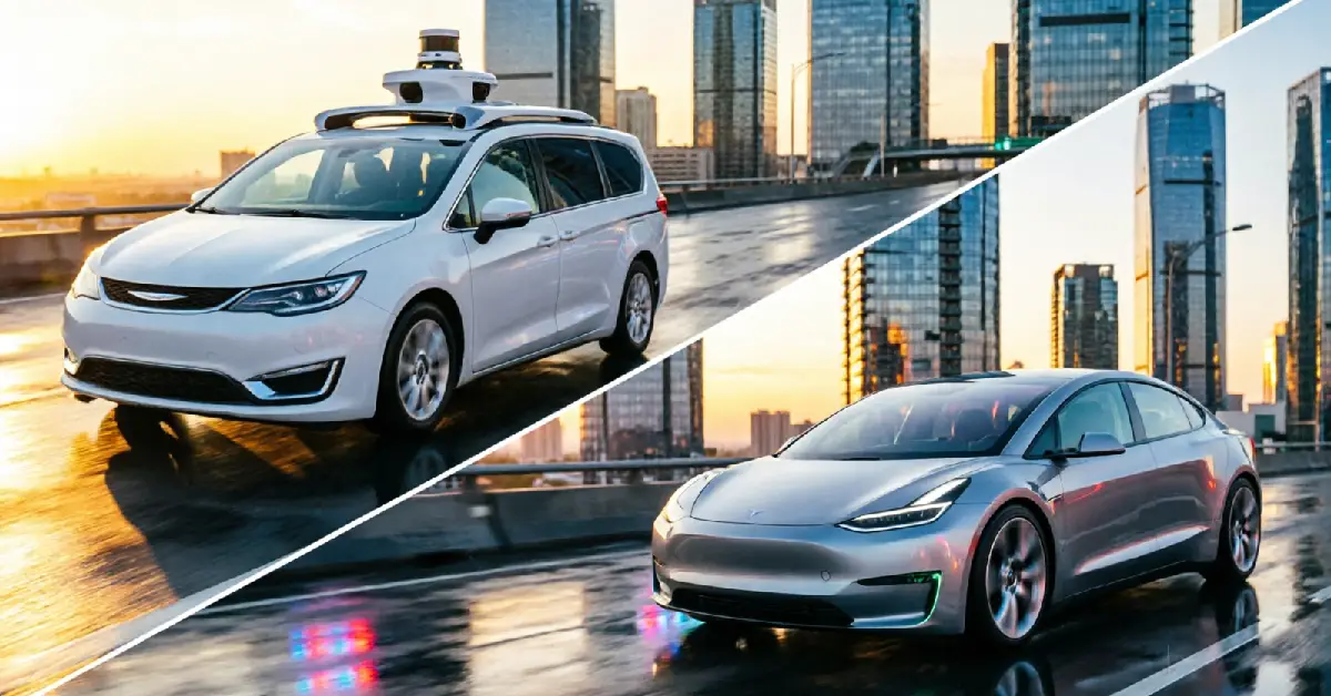 Waymo and Tesla robotaxi vehicles on a wet city highway at sunset