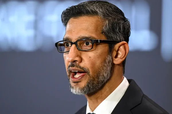 Sundar Pichai, chief executive officer of Alphabet Inc., speaks at the AI Impact Summit in New Delhi, India, on Friday, Feb. 20, 2026.